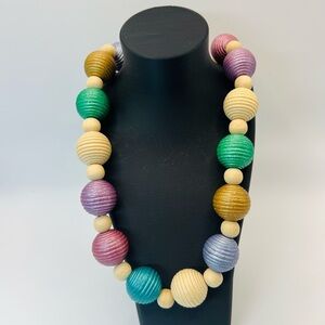 Vintage Wooden Bead Necklace Chunky Ribbed Multicolor Boho
